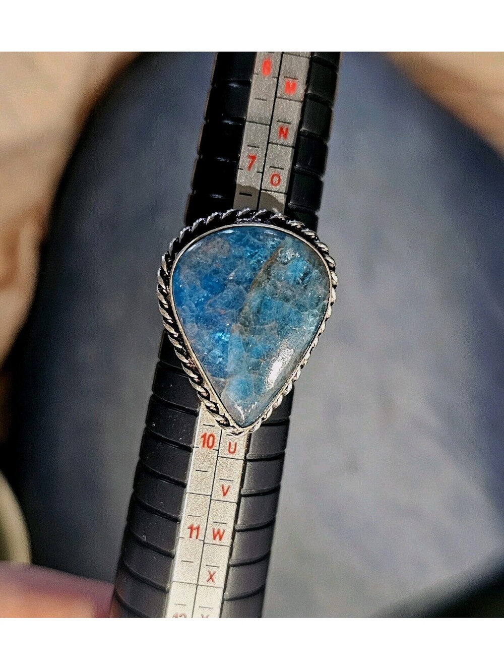 Aqua Blue Apatite Ring Silver tone Bezel Pear Braided Border Size 8.5